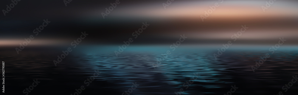 Obraz premium Light neon effect, energy waves on a dark abstract background. Laser colorful neon show. Reflection of light in the water. Dark sky, ocean. Smoke, fog. 3d illustration