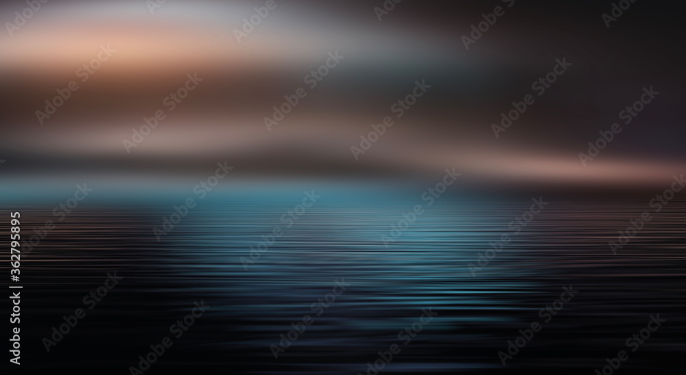 Light neon effect, energy waves on a dark abstract background. Laser colorful neon show. Reflection of light in the water. Dark sky, ocean. Smoke, fog. 3d illustration
