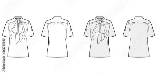 Pussy-bow blouse technical fashion illustration with oversized body, loose fit, short sleeves. Flat apparel template front, back, grey and white color. Women, men and unisex mockup CAD for designer
