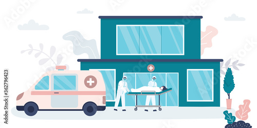Ambulance brought coronavirus patient to hospital. Doctors in special protective uniform. Medical services concept.