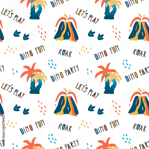 Seamless pattern of palm trees phrases - dino party, dino fun, let's play. Colorful seamless texture for kids. Swatch of cartoon background. Stock vector illustration on white background.
