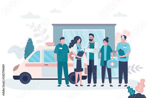 Man and woman doctors. First aid, medical services concept. Group of female and male characters in uniform. Ambulance car
