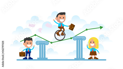 Businessman balancing on unicycle and drive through business chart.
