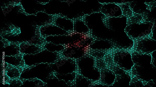 Organic Neural Network Infected by Virus, Artifical Intelligence turning Evil, Compromised Data, Immune System getting attacked, cyan dots and lines getting swept by red wave of virus, smooth, 4K.