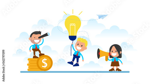 Businessman flying with light bulb. Symbol of innovation, invention, solution, ambition and motivation.
