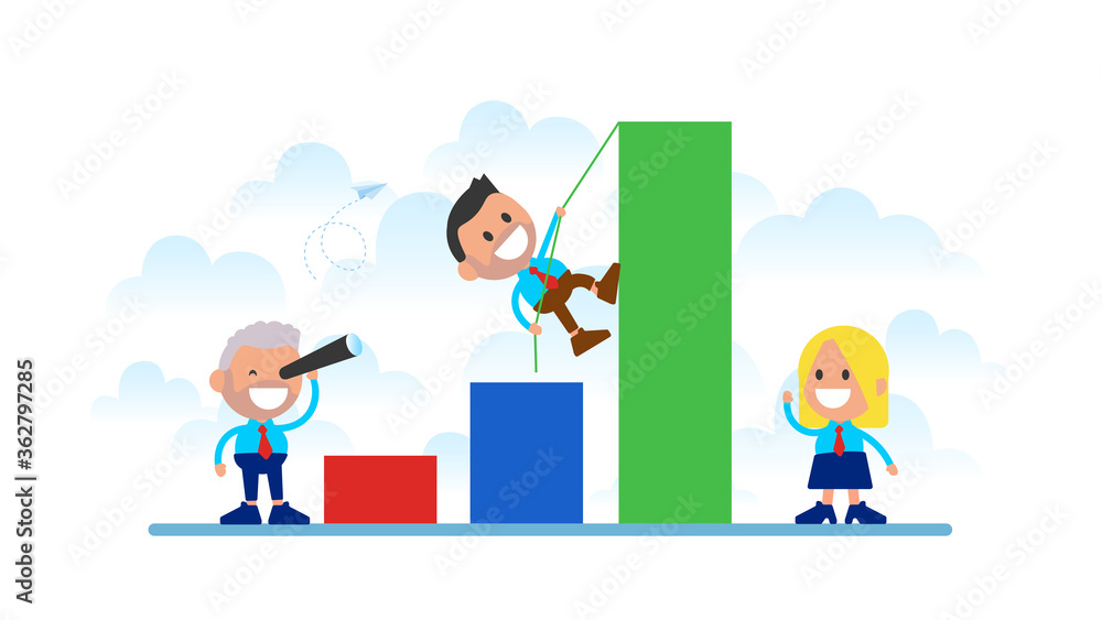 Obraz premium Businessman climbing on graph columns. 