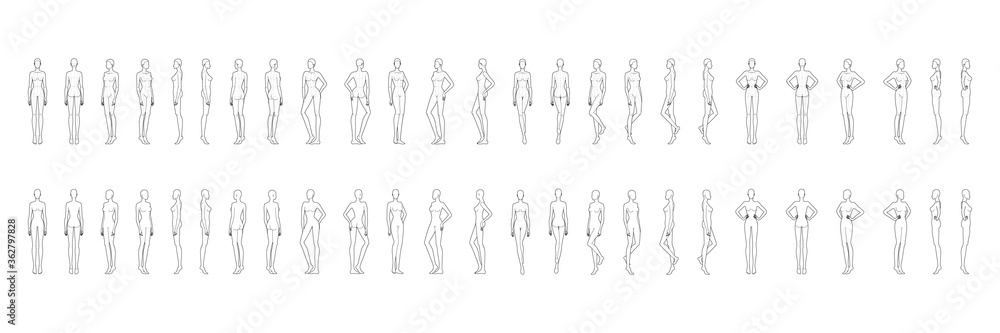 Fashion template of 50 women in different poses with main lines. 9 head size for technical drawing. Lady figure front, side, 3-4 and back view. Vector girls for fashion sketching and illustration. Fashion template of 50 women in different poses with main lines. 9 head size for technical drawing. Lady figure front, side, 3-4 and back view. Vector girls for fashion sketching and illustration.