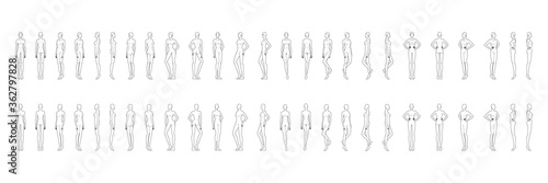 Fashion template of 50 women in different poses with main lines. 9 head size for technical drawing. Lady figure front, side, 3-4 and back view. Vector girls for fashion sketching and illustration.