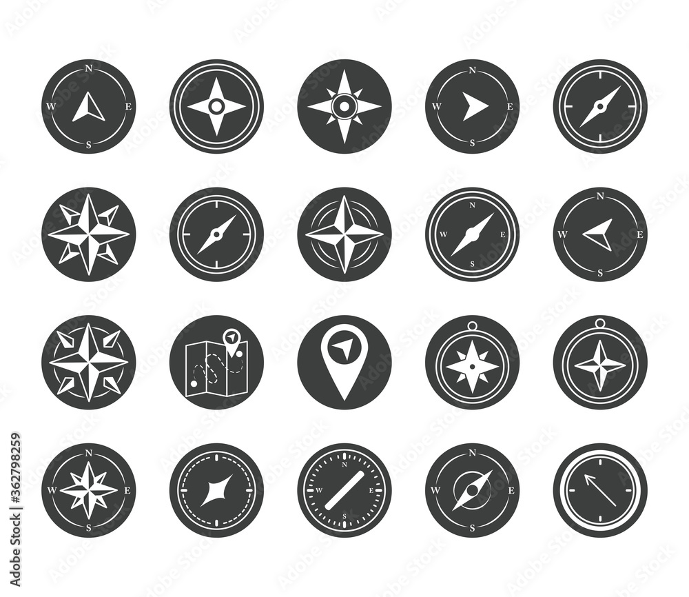 compass rose navigation cartography travel explore equipment icons set silhouette design icon compass rose navigation cartography travel explore equipment icons set silhouette design icon
