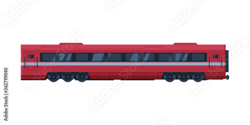 Red Modern Train Passenger Wagon, Railroad Transportation Flat Vector Illustration on White Background