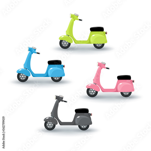 Set of colorful vintage scooters isolated on white background, vector illustration