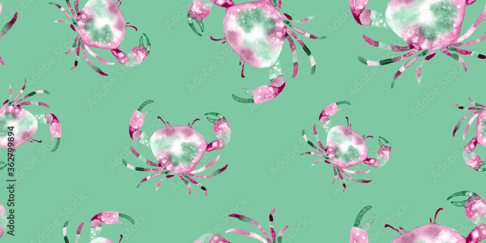 Fototapeta premium Hand Painting Abstract Watercolor Pastel Colors Crabs Sea Creatures Repeating Pattern Isolated Background