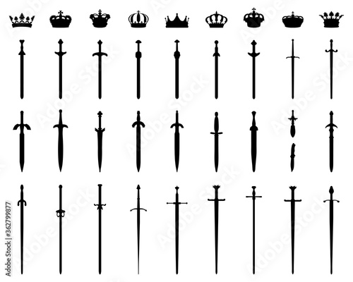 Black silhouettes crowns and swords on a white background