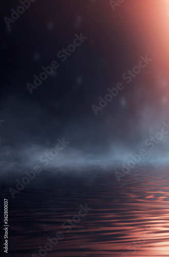 Empty futuristic dramatic fantasy scene. Night marine  underwater abstract background. Abstract dark landscape  street wet  smoke  smog. Neon blue light fluid element. 3D illustration
