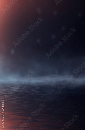 Empty futuristic dramatic fantasy scene. Night marine, underwater abstract background. Abstract dark landscape, street wet, smoke, smog. Neon blue light fluid element. 3D illustration