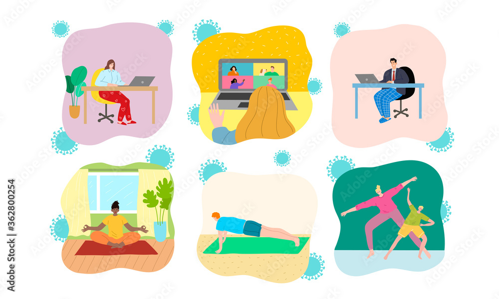 People doing everything at home during self isolation from coronavirus People doing everything at home during self isolation from coronavirus