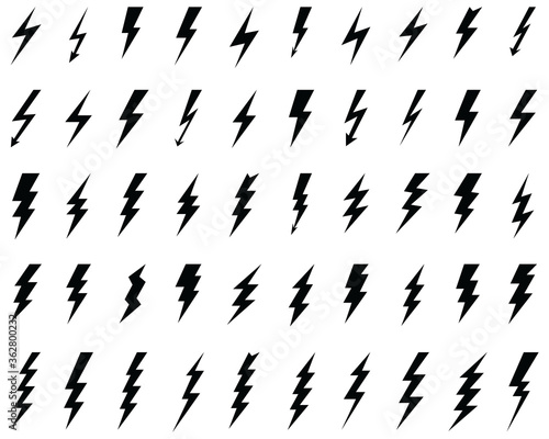 Black icons of thunder and flash lighting on a white background	
