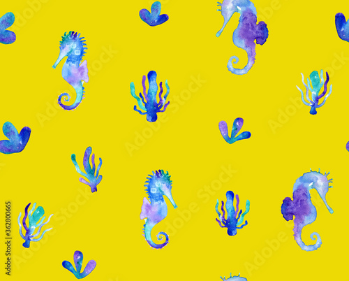 Hand Painting Abstract Watercolor Pastel Colors Sea Horses and Moss Corals Sea Creatures Repeating Pattern Isolated Background