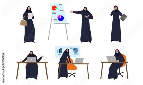 Set of muslim women in traditional clothing working in office