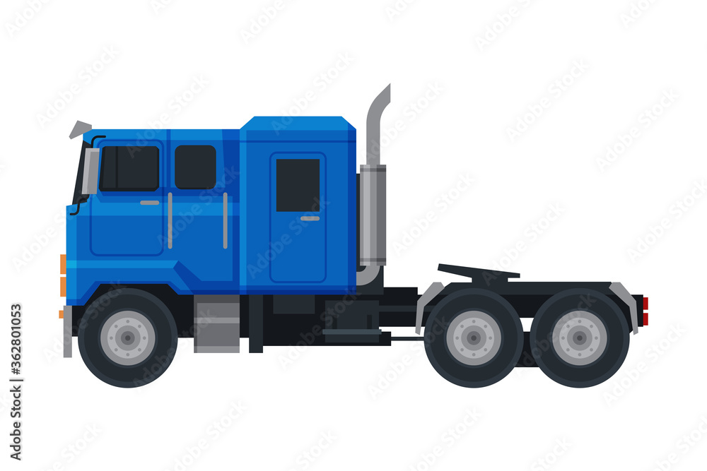 Blue Truck, Side View of Cargo Delivery Cargo Vehicle Flat Vector Illustration on White Background
