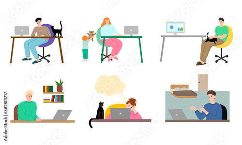 People working with laptop at home and getting distracted by children or cats