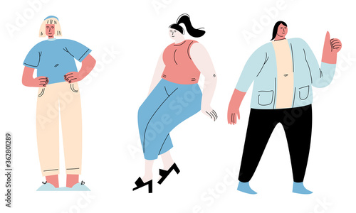 Set of young smiling overweight women enjoying normal life