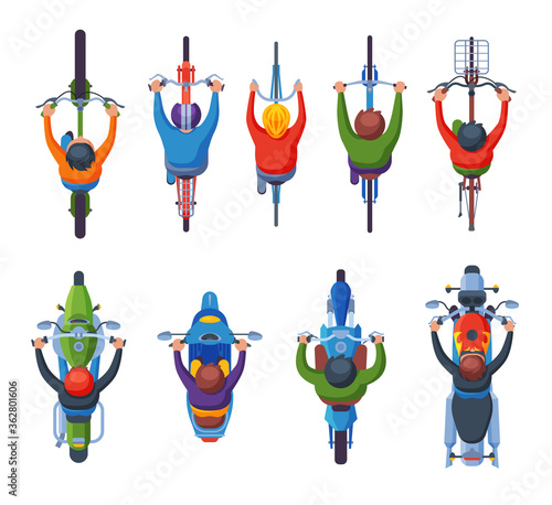 People Riding Motorcycles and Bicycles Collection, View from Above Flat Vector Illustration