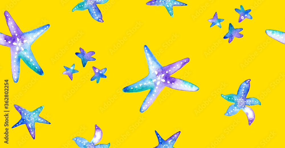 Hand Painting Abstract Watercolor Pastel Colors Starfish Sea Creatures Repeating Pattern Isolated Background