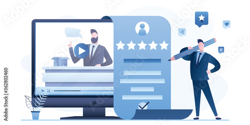 Man subscriber with positive review. Testimonials, customer feedback. Video content on monitor screen, follower hold big pencil and rate experience.