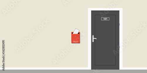 Part of building, closed door and mailbox with letter. Empty wall, place for text. Entrance to the apartment or house.