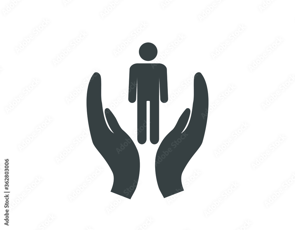 Human rights icon. Open palms with human line. Human rights icon. Open palms with human line.