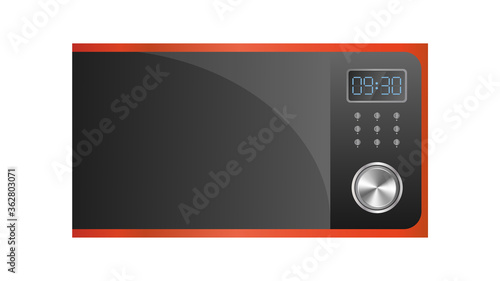 Red microwave in a realistic style. Kitchen microwave oven isolated on a white background. Vector.