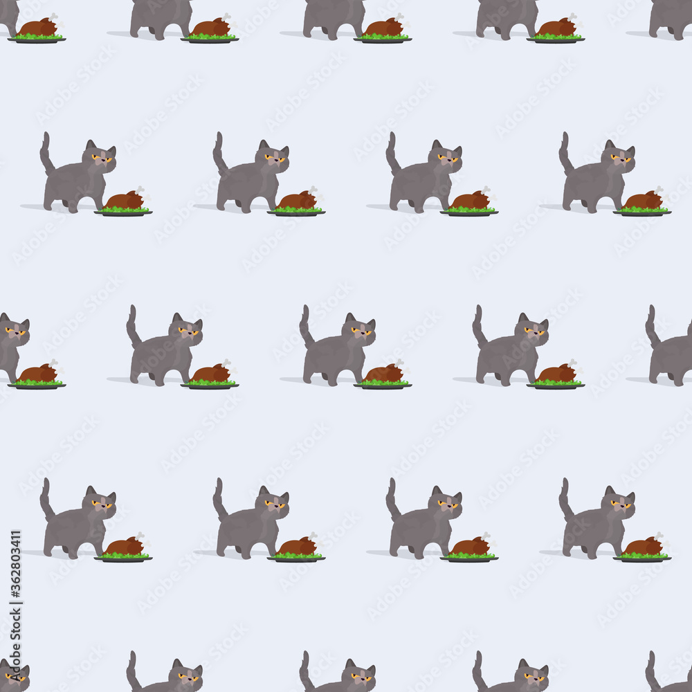Seamless pattern Funny cat is holding a roast turkey. A cat with a funny look holds a fried chicken. Good for backgrounds, cards and prints on a summer theme. Vector.