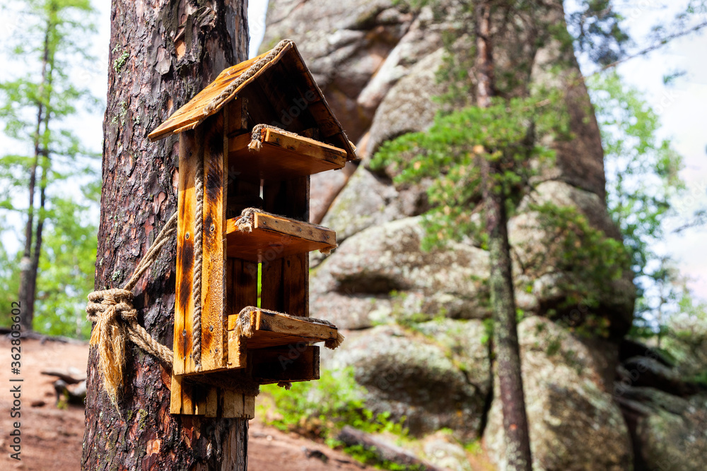 Original, home-made animal feeder in the forest. Pillars National Park, Krasnoyarsk. Original, home-made animal feeder in the forest. Pillars National Park, Krasnoyarsk.