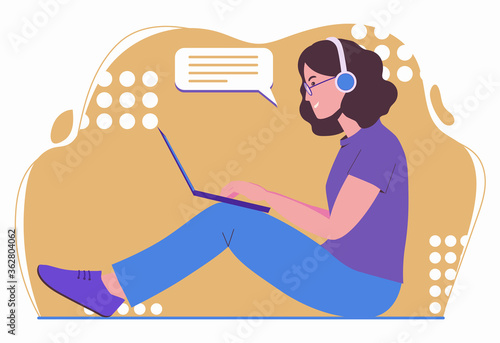 Girl sits on a window sill with a laptop. Freelancer woman is listening to music. Remote work, freelance. Chatting with friends in isolation. Flat illustration isolated on white dackground