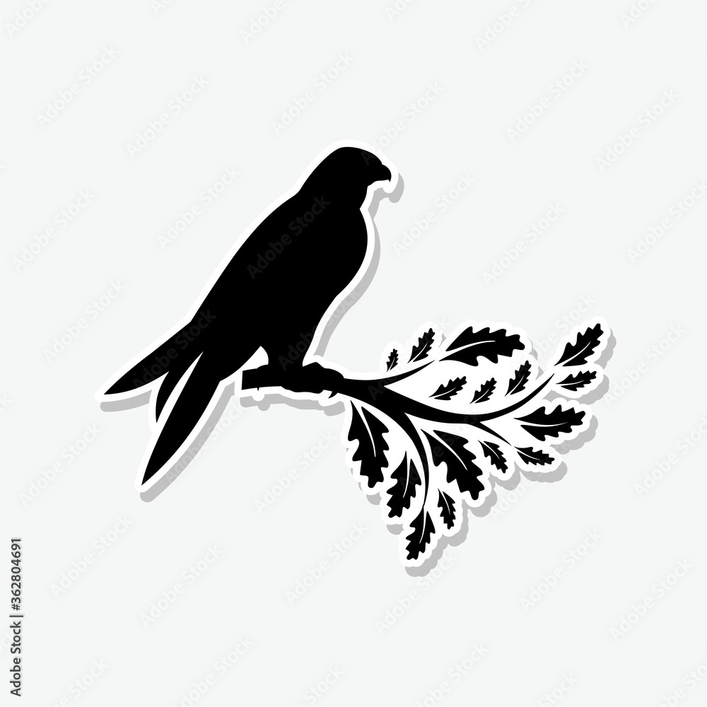 Falcon on a branch sticker isolated on a gray background
