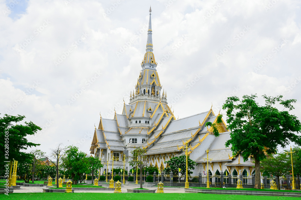 Views of White Chapel of Sothon Wararam temple and the area around in mueang,Chachoengsao ,Thailand.The beauty of temple In the Buddhism.