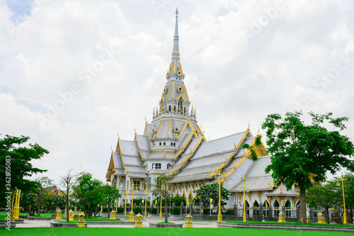 Views of White Chapel of Sothon Wararam temple and the area around in mueang,Chachoengsao ,Thailand.The beauty of temple In the Buddhism.