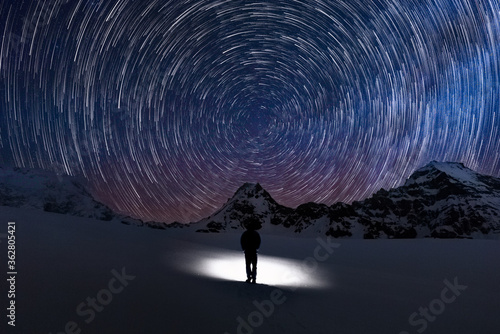 Circular Star trails facing north with Polaris the north star in centre and a silhouette human watching the stars move photo