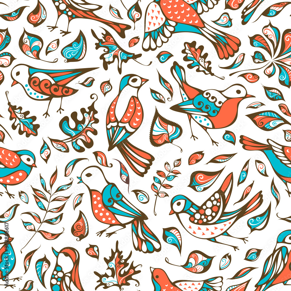 Vector bright seamless birds and leaves patterns.