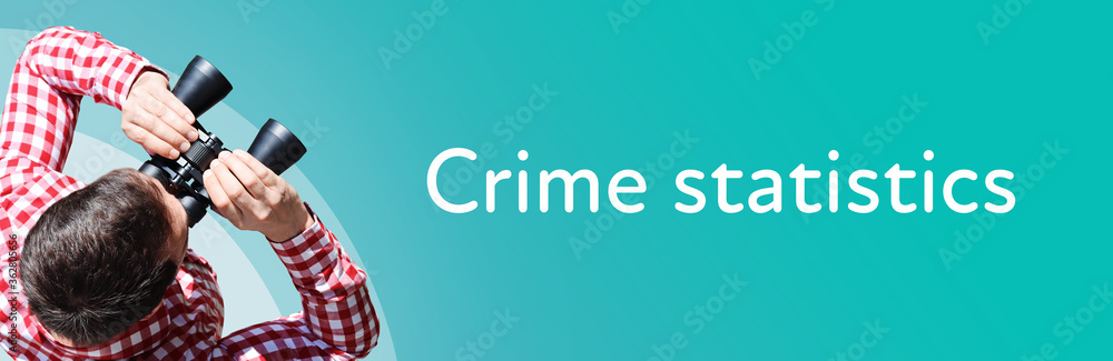 Naklejka premium Crime statistics. Businessman (man) looks through binoculars. Birds eye view. Focus on text. Blue Background. Business, Finance, Statistics, Analysis, Economy