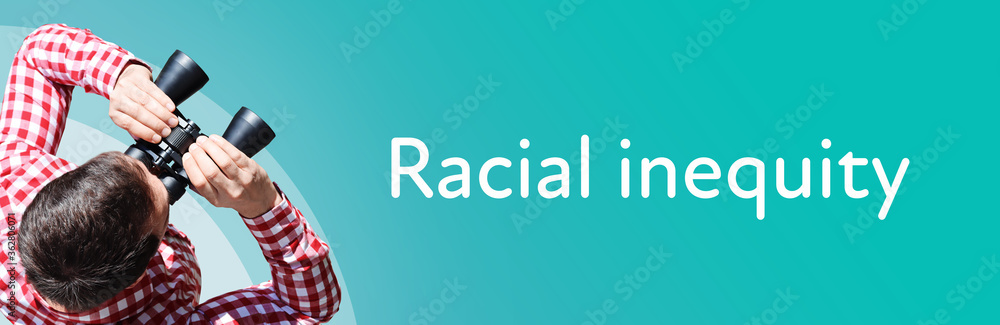 Naklejka premium Racial inequity. Businessman (man) looks through binoculars. Birds eye view. Focus on text. Blue Background. Business, Finance, Statistics, Analysis, Economy