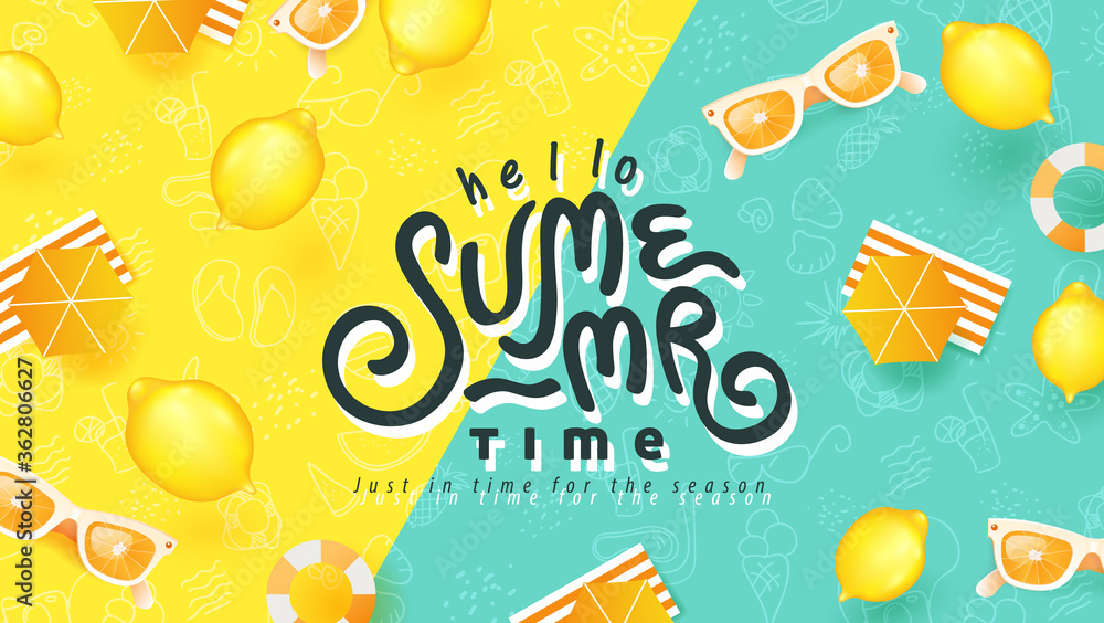 Summer banner design with beach accessories on bright colorful background. Summer Lettering text. - obrazy, fototapety, plakaty 