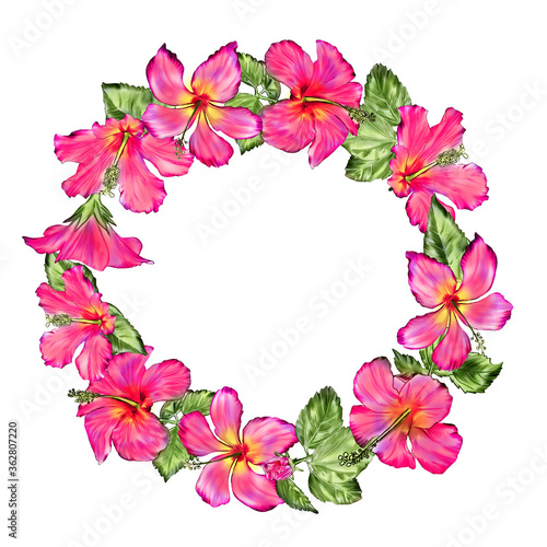 Creative composition with the image of garden flowers. A wreath of pink hibiscus on a white background. Illustration for printing on fabric or paper. Theme of summer  romance  love.
