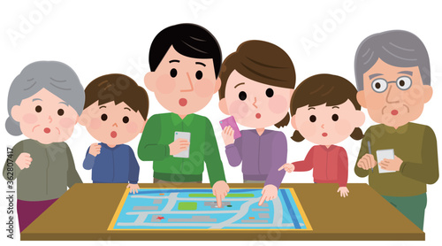 避難場所　ハザードマップを見て話し合う三世代家族　イラスト