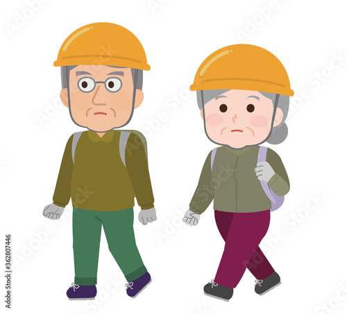 災害で避難する高齢夫婦　イラスト