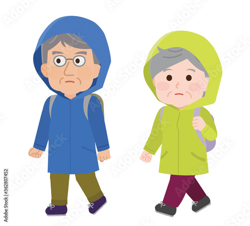 水害で避難する高齢夫婦　イラスト