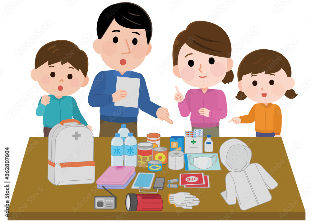 避難リュックの中身をチェックする親子 水害 イラスト 避難リュックの中身をチェックする親子 水害 イラスト