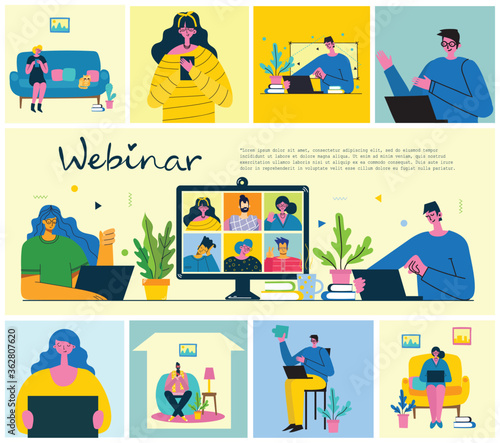 Webinar online business solution. People use video chat on desktop and laptop to make conference. Work remotely from home.