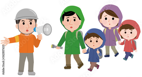 水害で避難する家族　誘導される　イラスト